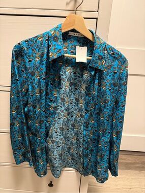Alice + Olivia Silk Turquoise Floral-Print Button Shirt